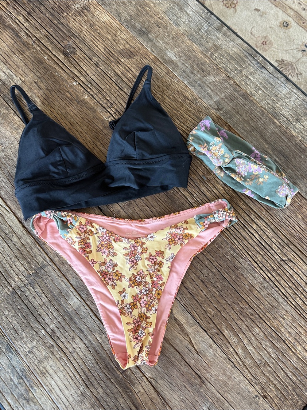 Aerie Black Bikini Top with Floral Yellow & Pink Bikini Bottom + Floral Hairband